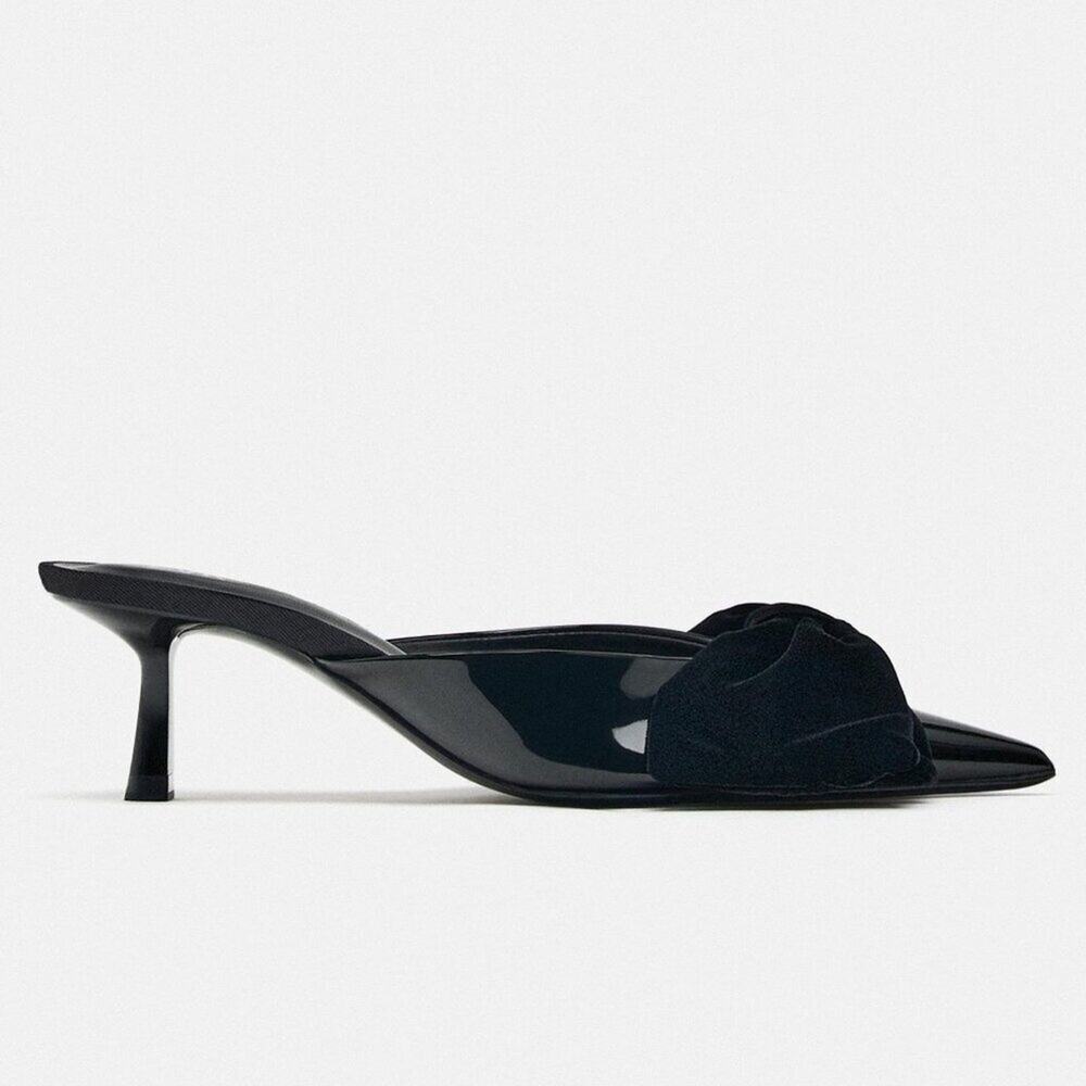 Zara Black Patent Bow Mule Heels NWT Pointed Toe Kitten Heel Slip On Size 6.5 - Picture 16 of 16